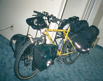 The 10-ton bike in the room at the Bun Boy Motel, Baker, California